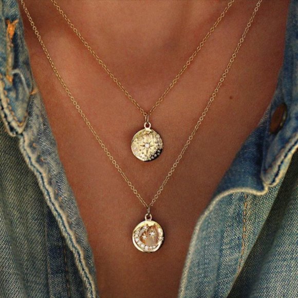 New! Women's Gold Multilayered Moon Stars Necklace